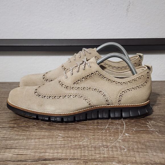 Cole Haan Zerogrand Grand OS Men’s Suede Wingtip Oxford Dress Shoes Size 8 Beige - Picture 1 of 10